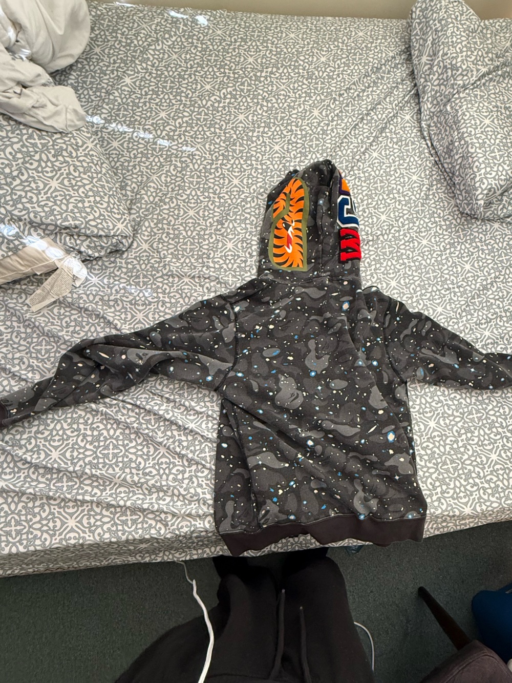 Bape Black Grey Camo Shark Zip-Up Hoodie with Blue Accent